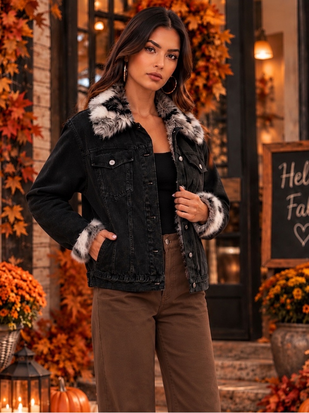 BDG REVOLVE Gray white faux fur button up denim, jean jacket size Small - Med